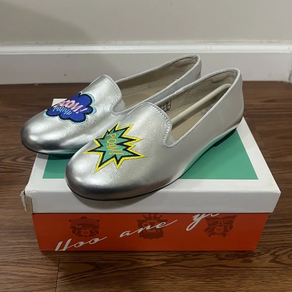 NIB HOO Silver Metallic Boom POW Boom Slip On Flats Size 6 US / 36 EU